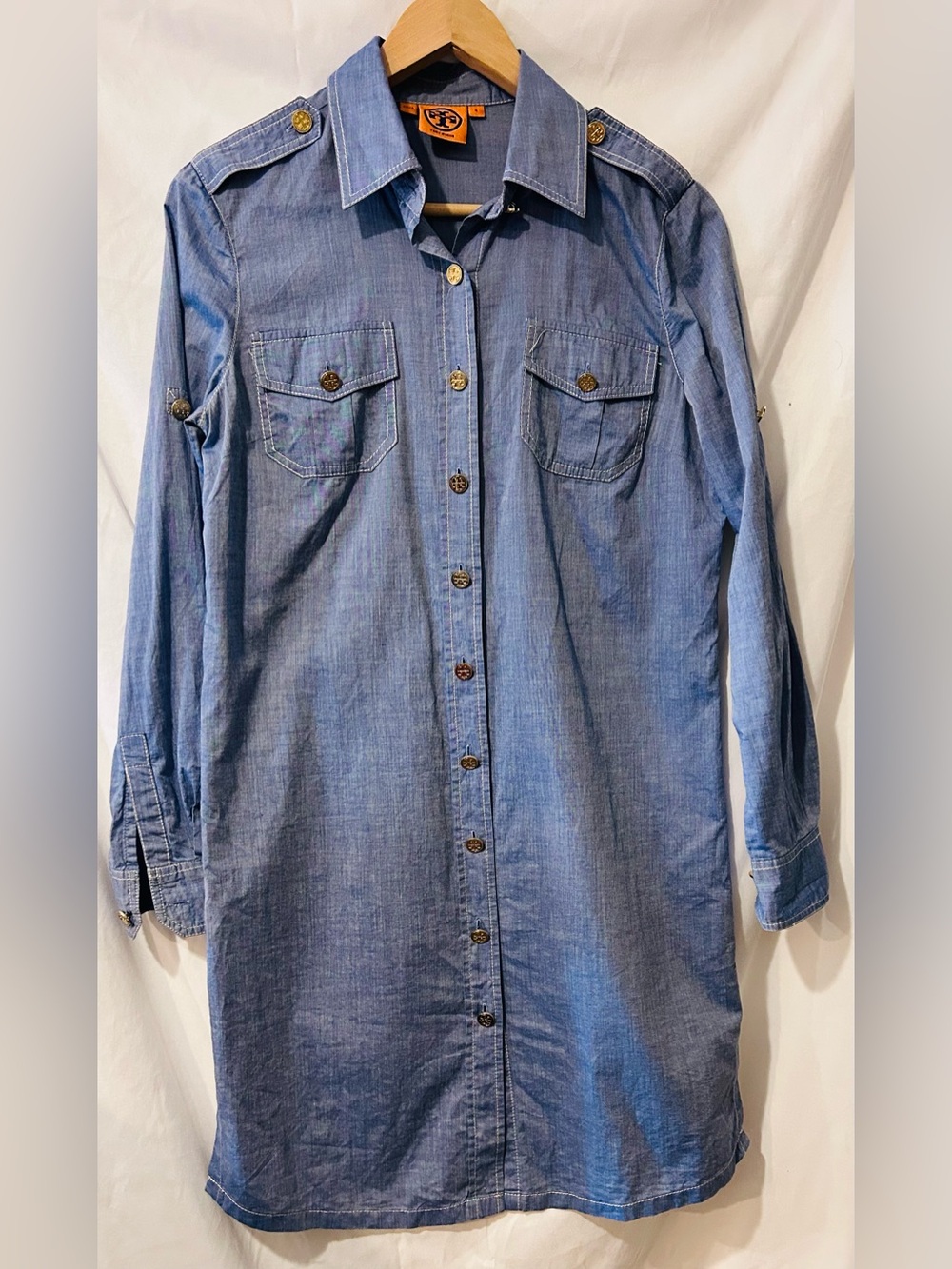 Tory Burch Light Blue Chambray Shirt Dress Gold Buttons Women’s Size 4
